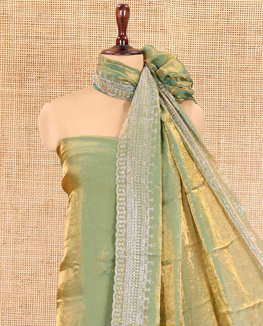 Pista Green Fendi Organza Material Chudidar Fetaures Pom-Pom-Neckline Top, Plain Bottom, and Scallop Embroidered Dupatta