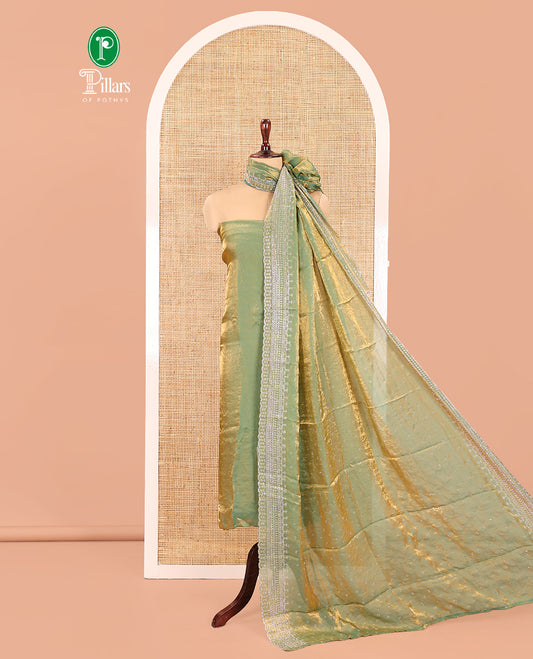 Pista Green Fendi Organza Material Chudidar Fetaures Pom-Pom-Neckline Top, Plain Bottom, and Scallop Embroidered Dupatta