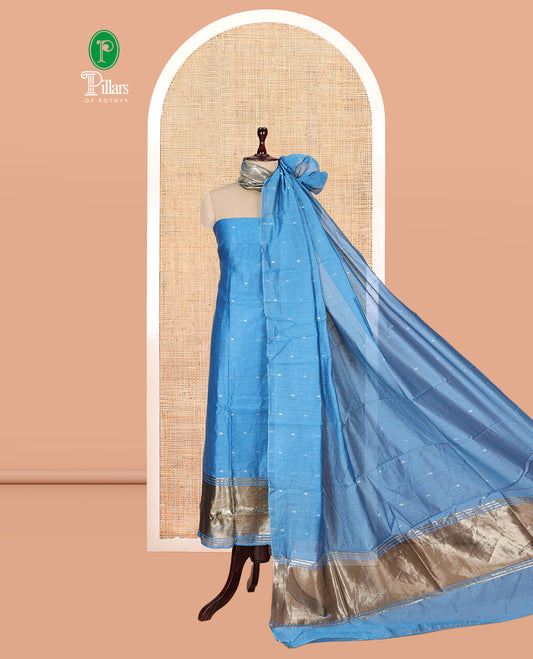 Blue Banarasi Chanderi Material Churidar Subtly Sparkled with Buttas Top, a Plain Bottom, and a Matching Dupatta