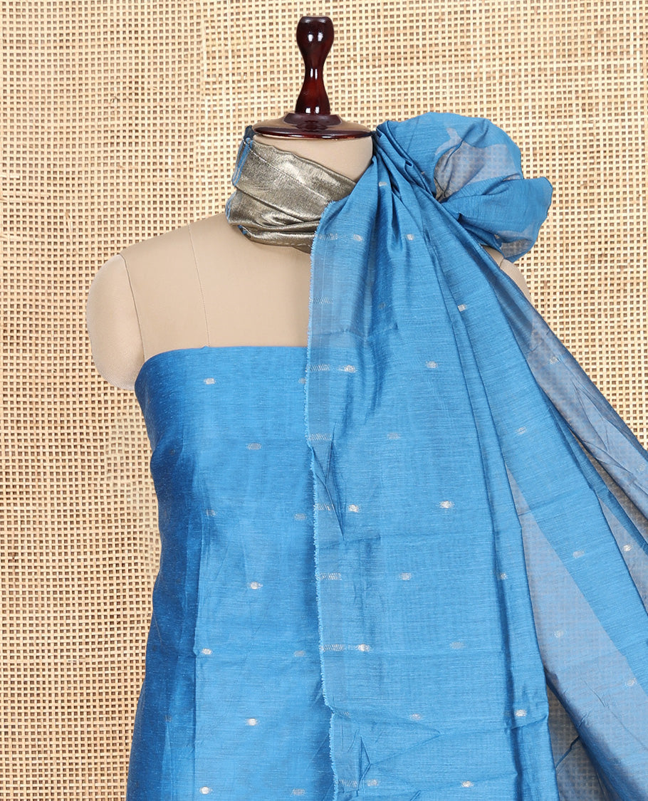 Blue Banarasi Chanderi Material Churidar Subtly Sparkled with Buttas Top, a Plain Bottom, and a Matching Dupatta