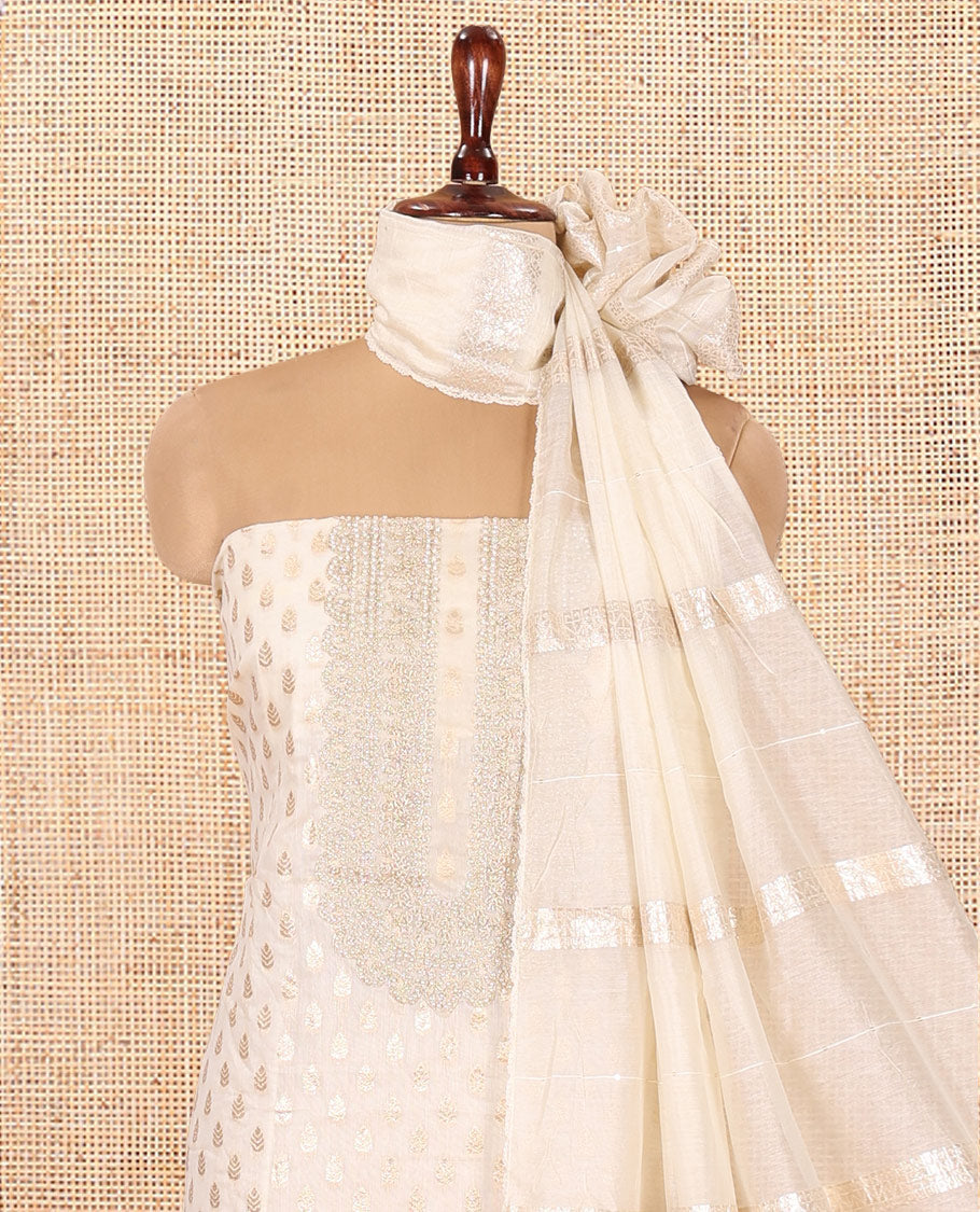 Chikku Chanderi Material Chudidar Features Buttas and Neckwork Top, a Matching Blouse, Matching Dupatta
