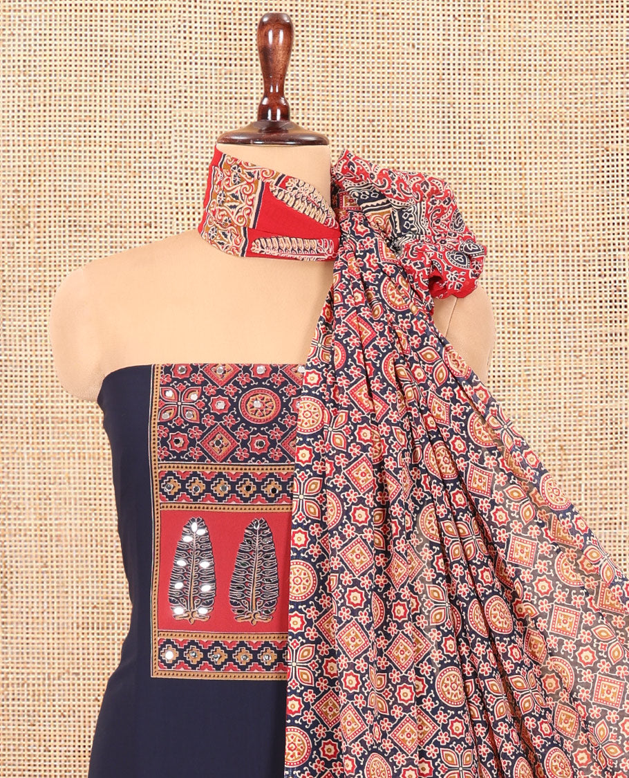 Navy Blue Georgette Material Churidar, Ajrakh Print and Mirror Work Top, a Matching Bottom, and Ajrakh Printed Dupatta