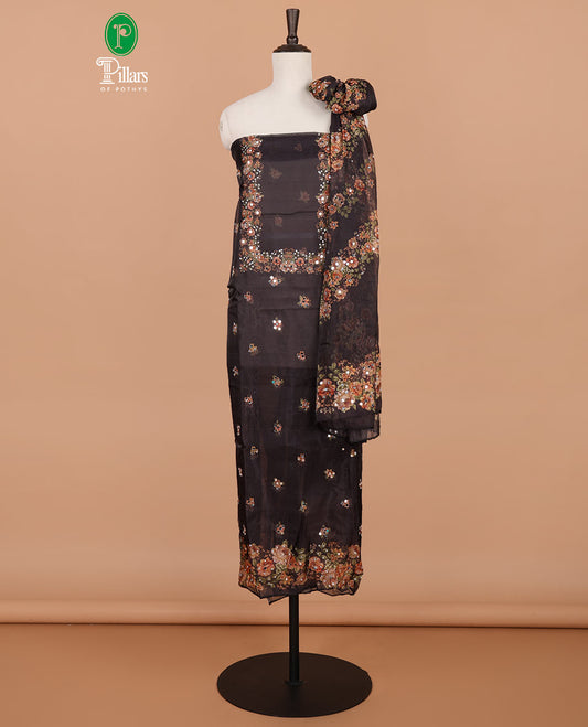 Black floral print, stone, mirror work organza chudidhar material top with santoon material pant & floral print, mirror work dupatta