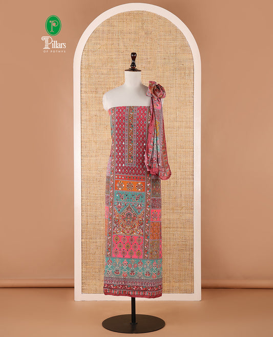 Pink chudidar material set, geometric printed with mirror work crepe top, geometric printed & work chinon kaleidoscopic-colored chinon dupatta & plain crepe bottom