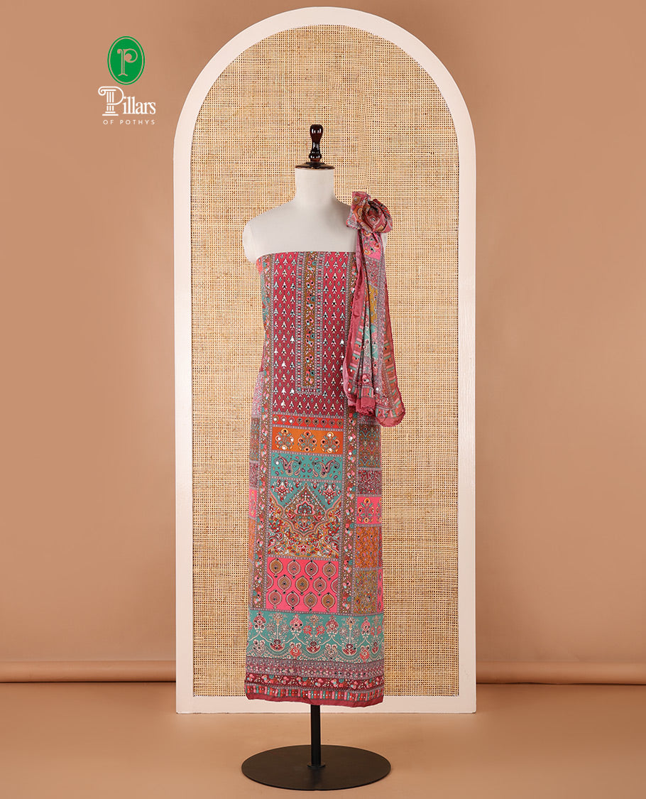 Pink chudidar material set, geometric printed with mirror work crepe top, geometric printed & work chinon kaleidoscopic-colored chinon dupatta & plain crepe bottom