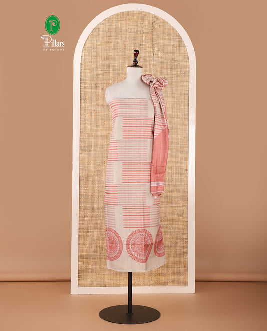 Chikku semi-tussar material chudidar set,geometric & round peacock motif print top, peach bottom & geometric & round peacock print dupatta