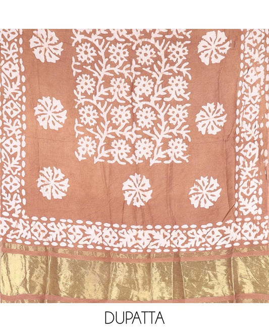 Brown material chudidar set, floral vine batik printed gajji silk top, batik printed rayon bottom, and a batik printed gajji silk dupatta