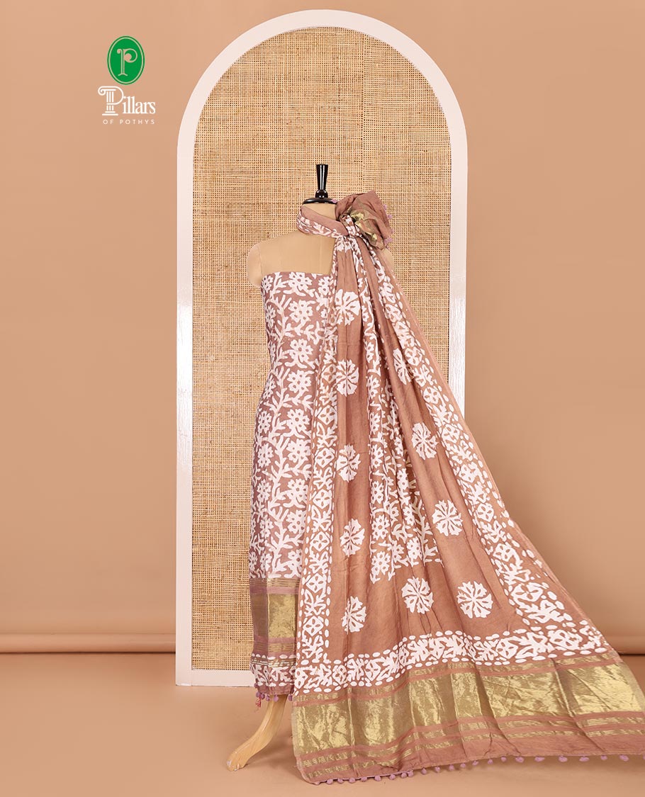 Brown material chudidar set, floral vine batik printed gajji silk top, batik printed rayon bottom, and a batik printed gajji silk dupatta