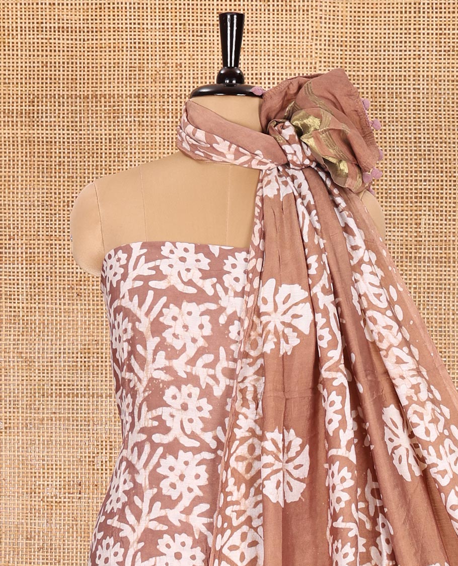Brown material chudidar set, floral vine batik printed gajji silk top, batik printed rayon bottom, and a batik printed gajji silk dupatta