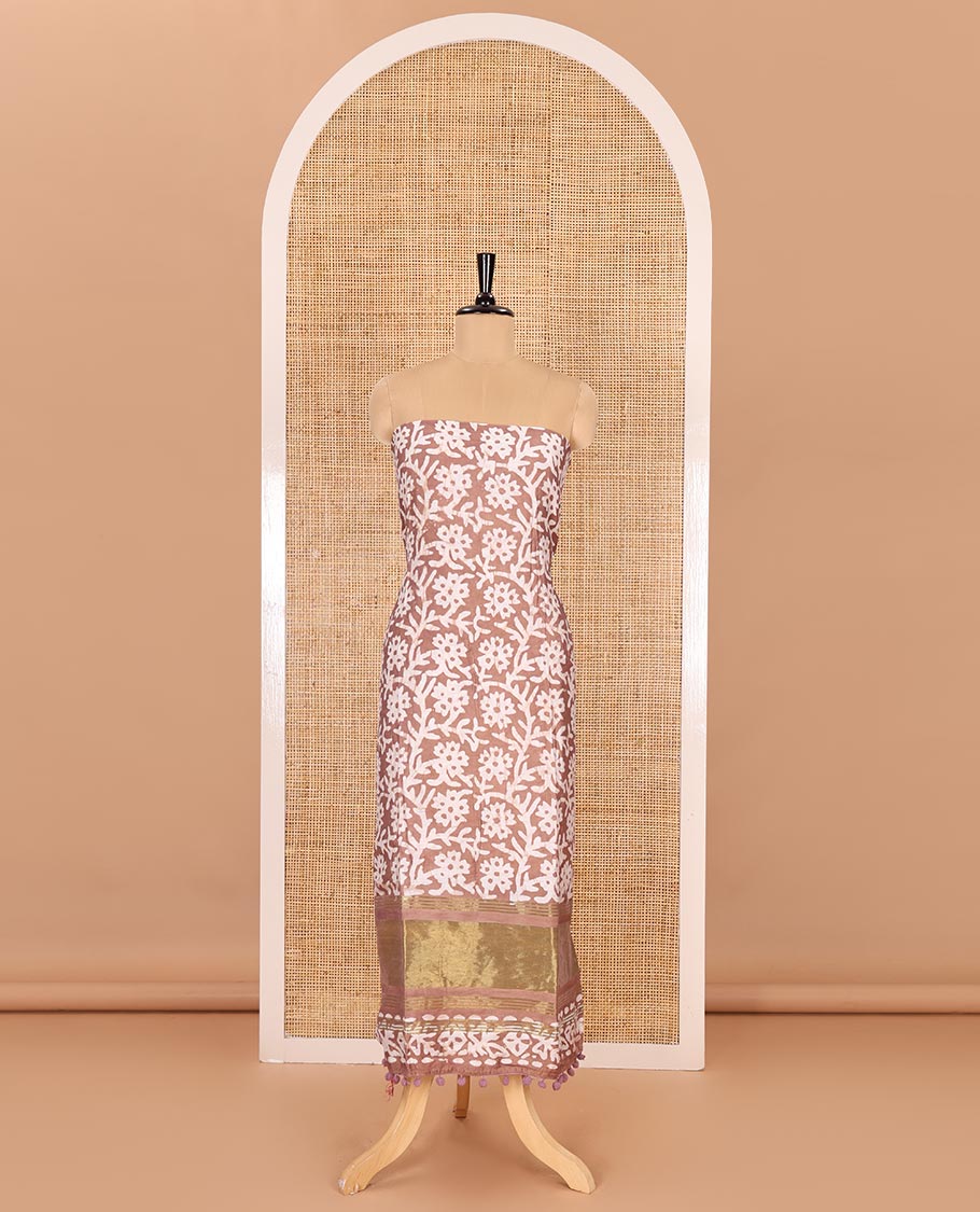 Brown material chudidar set, floral vine batik printed gajji silk top, batik printed rayon bottom, and a batik printed gajji silk dupatta