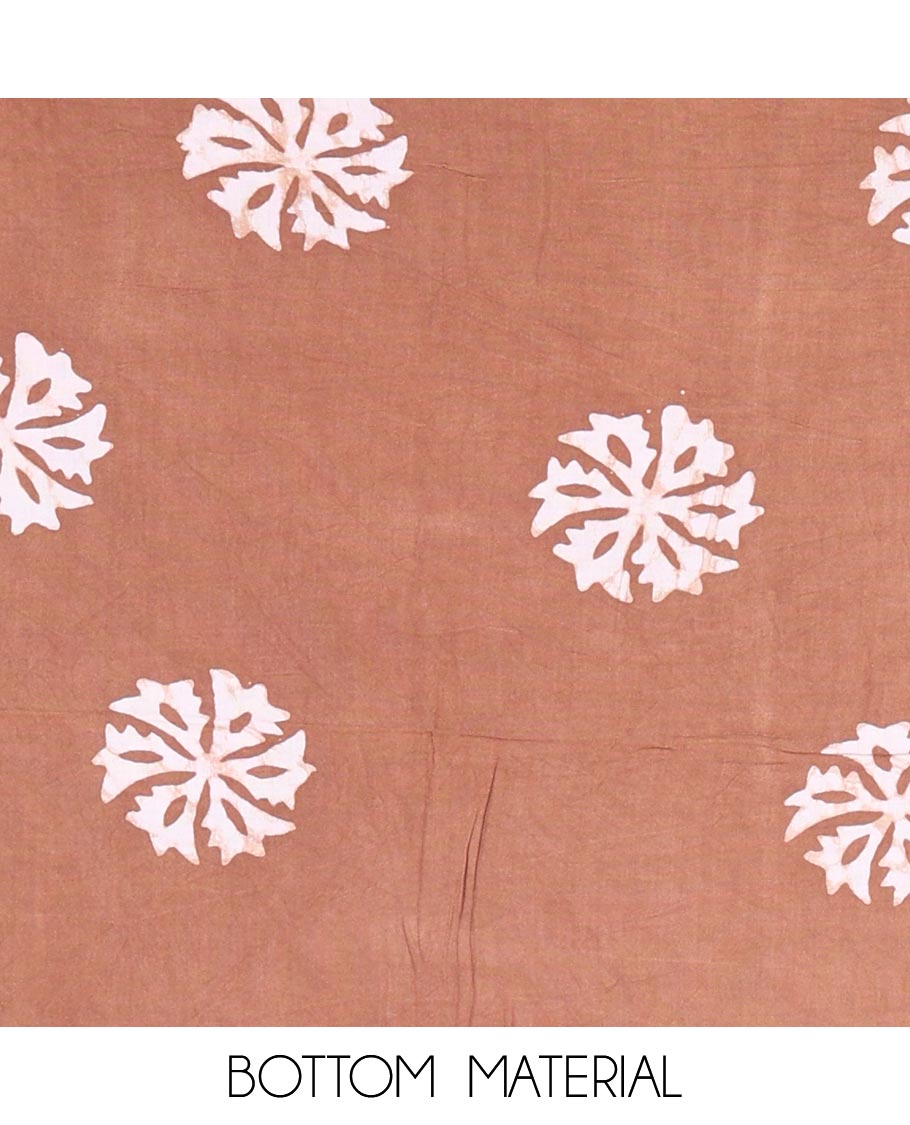 Brown material chudidar set, floral vine batik printed gajji silk top, batik printed rayon bottom, and a batik printed gajji silk dupatta