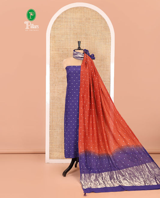 Violet and Rust Semi-Silk Material Churidar Set, Bedecked with Bandhani Dots Print, Comes with a Plain Santoon Bottom, and Paired with a Double-Colored Dupatta of Bandhani Dots Print