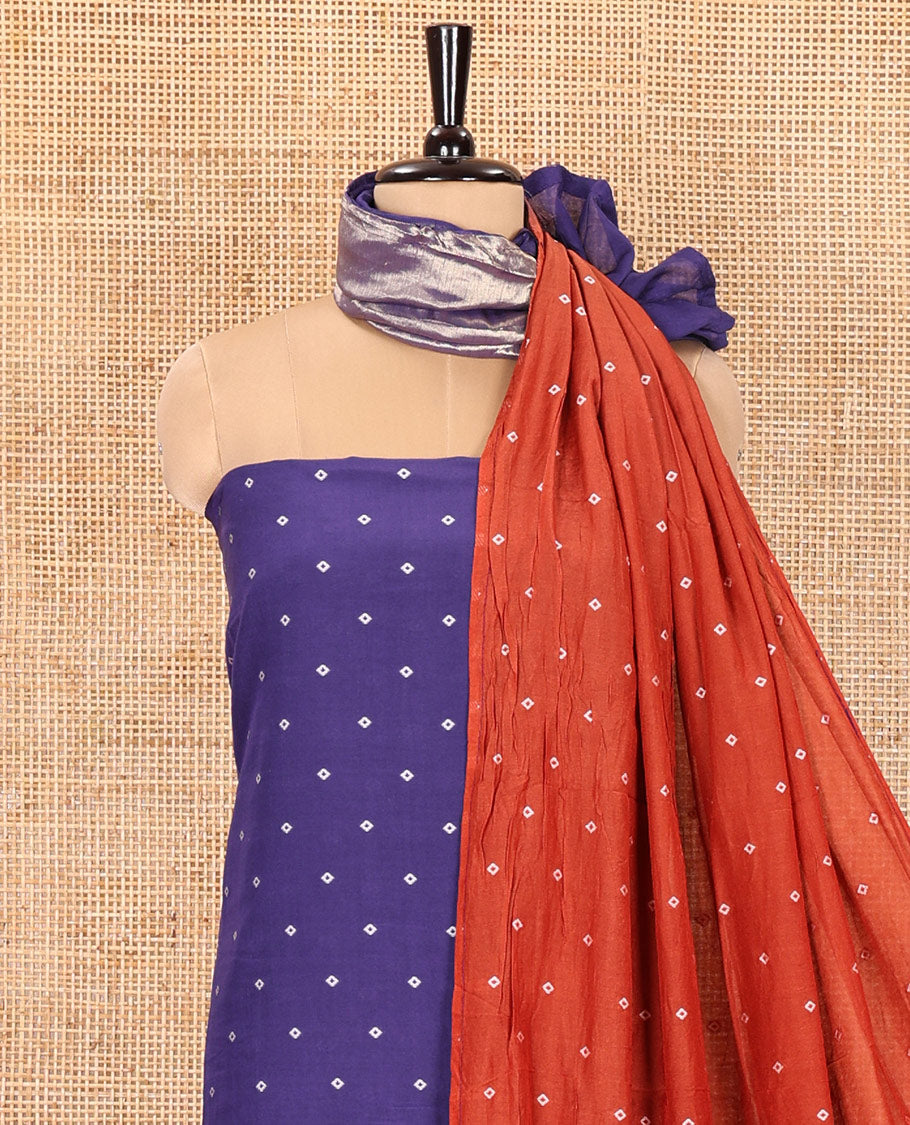 Violet and Rust Semi-Silk Material Churidar Set, Bedecked with Bandhani Dots Print, Comes with a Plain Santoon Bottom, and Paired with a Double-Colored Dupatta of Bandhani Dots Print