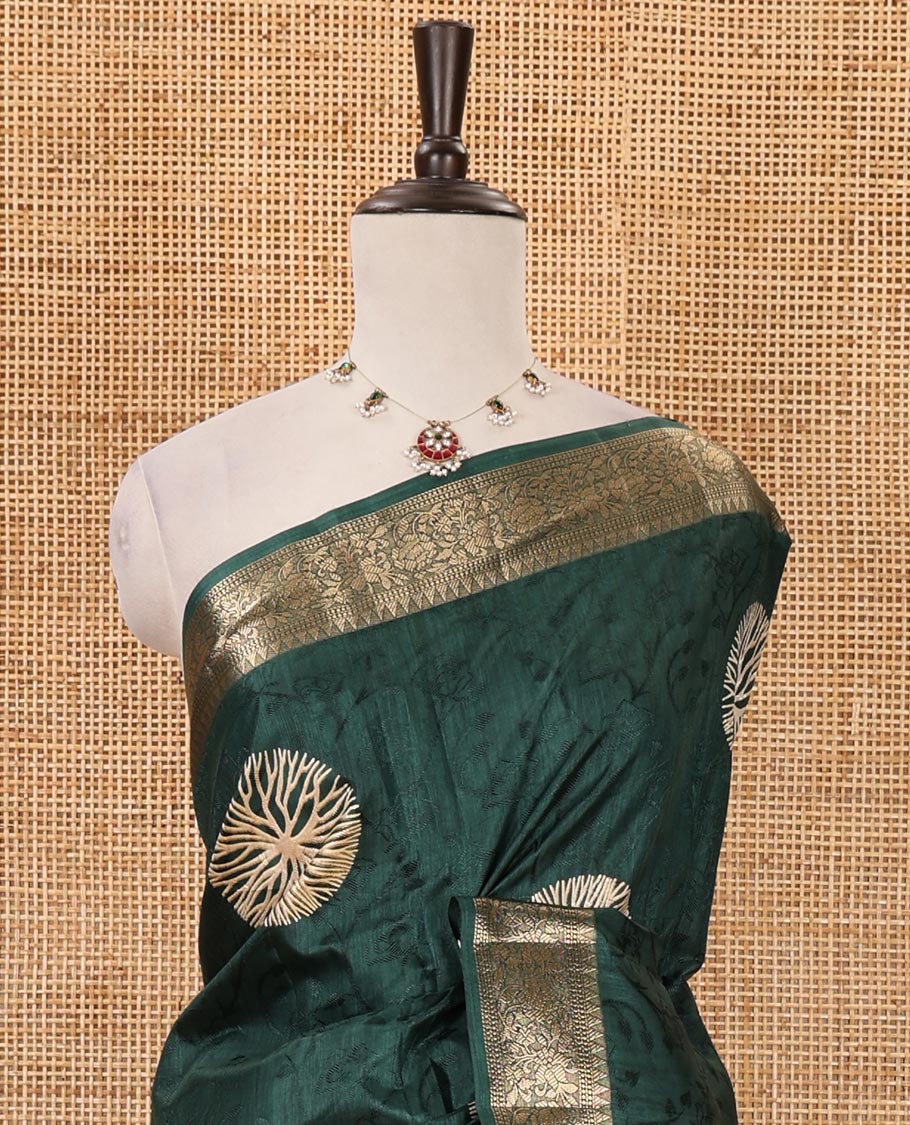 Bottle green shibori printed fancy tussar saree, traditional zari border, shibori printed pallu & matching printed blouse with zari border
