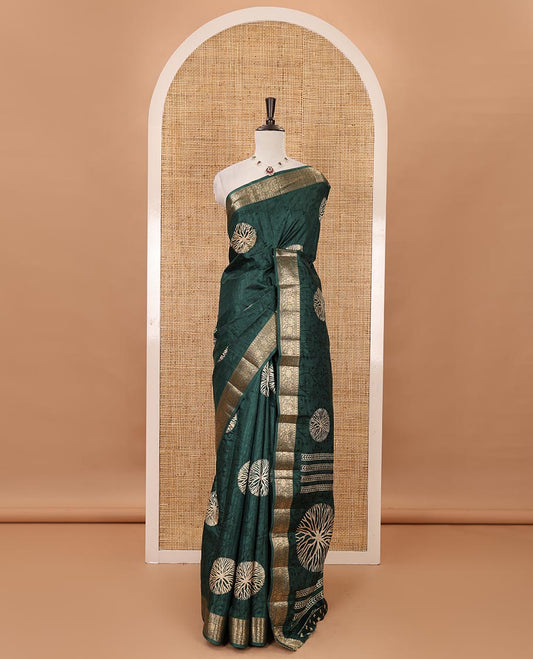Bottle green shibori printed fancy tussar saree, traditional zari border, shibori printed pallu & matching printed blouse with zari border