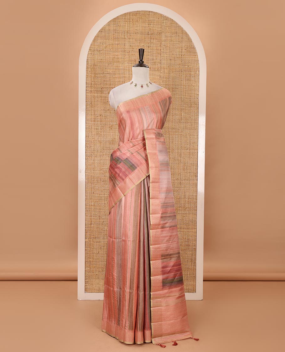 Peach hand brushing-style multi-colored stripes printed fancy tussar silk saree, zari border, self-pallu & blouse of zari work & stripes print