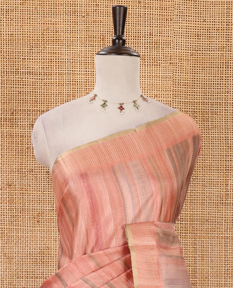 Peach hand brushing-style multi-colored stripes printed fancy tussar silk saree, zari border, self-pallu & blouse of zari work & stripes print