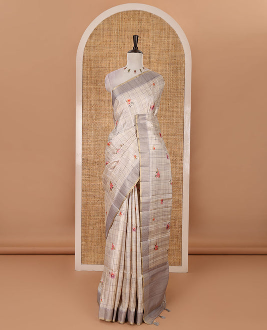 Grey Burberry checked & floral printed fancy tussar silk saree, zari woven border & zari checked pallu & matching blouse of striped & floral print