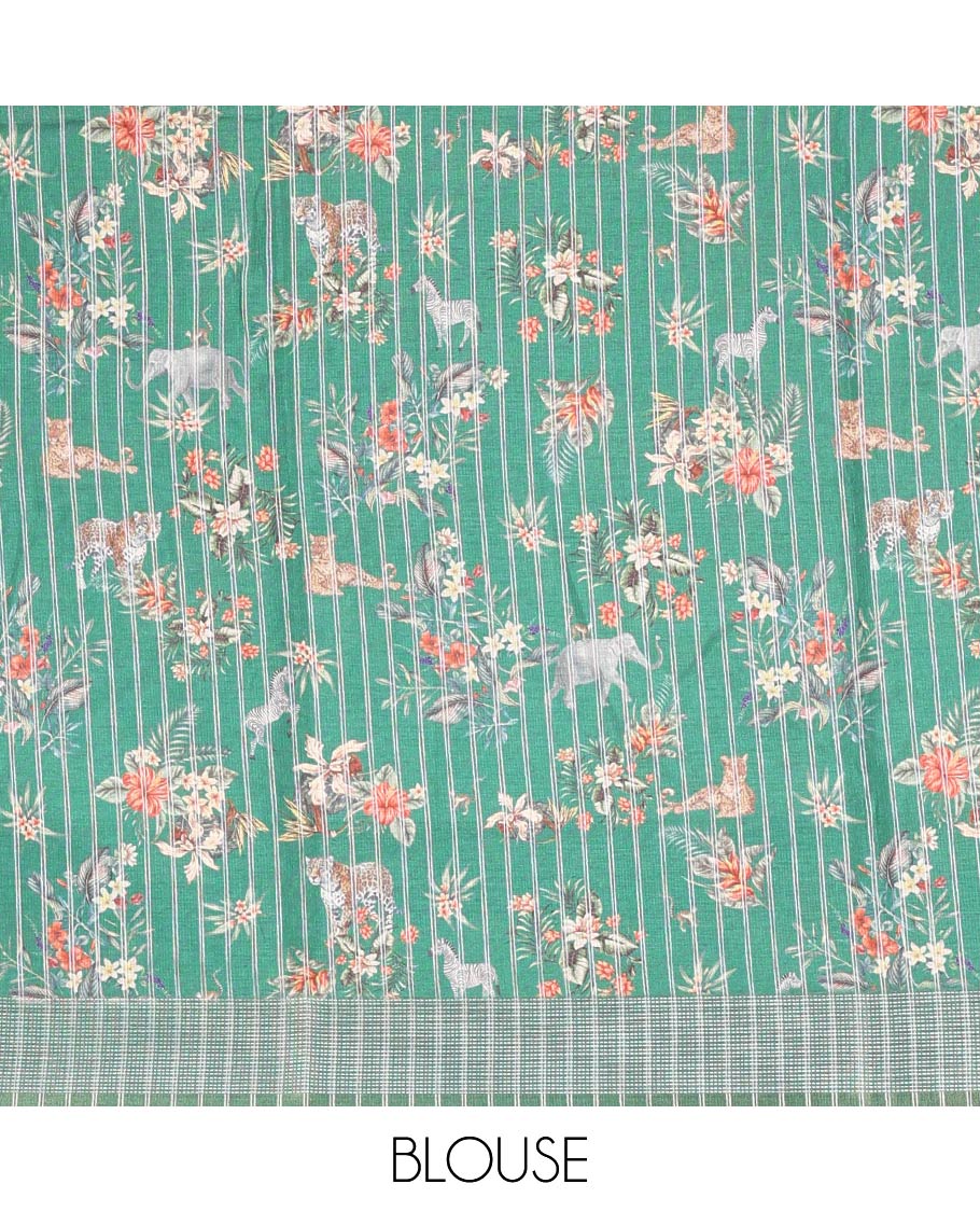 Green tropical floral and fauna motifs printed fancy tussar saree, resham border, self-pallu, and a matching blouse of print with resham thread stripes