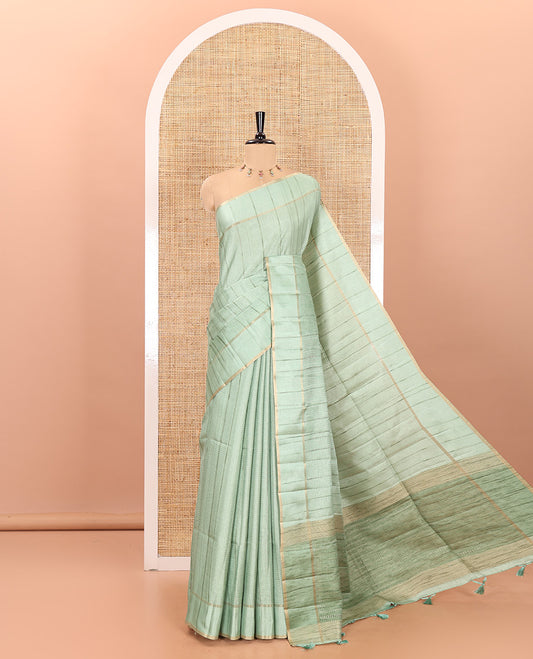 Pista green stripes woven fancy tussar saree, small bentex border, contrast dotted striped pallu, and a matching blouse