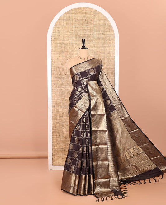 Coffee Brown Kanchipuram Budget Silk Saree Enriched with Zari Butta Enclosed Checks, Highlighted by Traditional Zari Design Border, Opulently Embellished Pallu, and Paired with a Matching Blouse