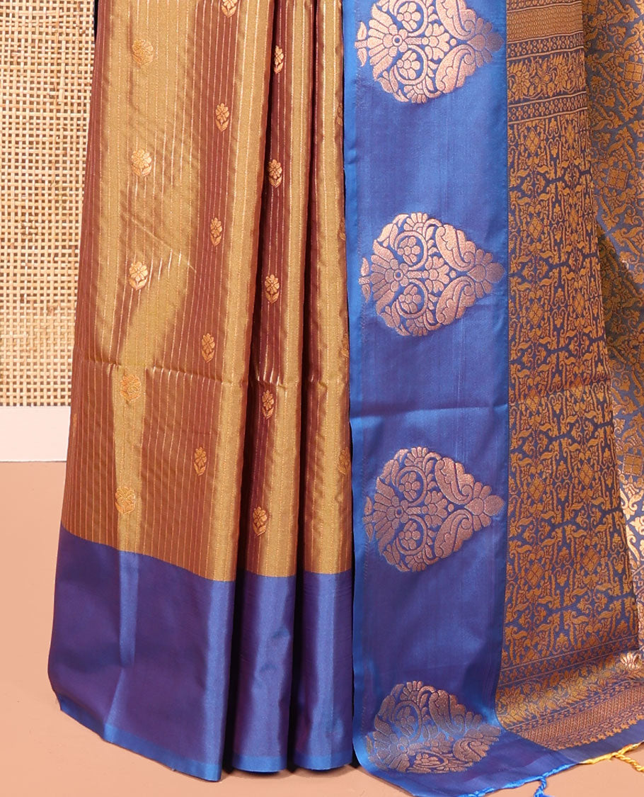 Brown Fancy Soft Silk Saree, Woven with Zari Buttas and Zari Stripes, Complemented by a Contrast Border of Zari Designs, Intricately Designed Pallu, and Paired with a Contrast Blouse