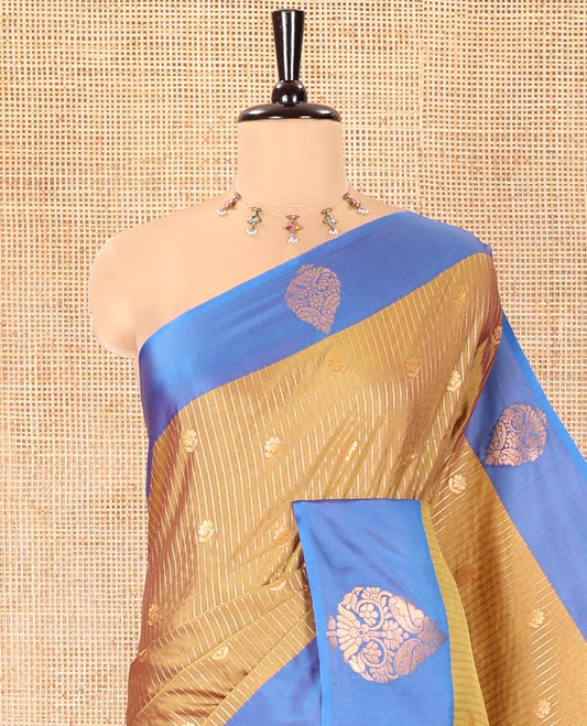 Brown Fancy Soft Silk Saree, Woven with Zari Buttas and Zari Stripes, Complemented by a Contrast Border of Zari Designs, Intricately Designed Pallu, and Paired with a Contrast Blouse