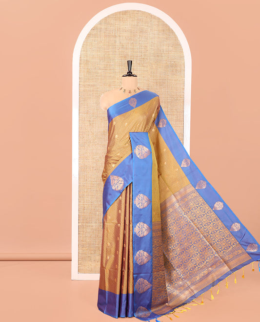 Brown Fancy Soft Silk Saree, Woven with Zari Buttas and Zari Stripes, Complemented by a Contrast Border of Zari Designs, Intricately Designed Pallu, and Paired with a Contrast Blouse