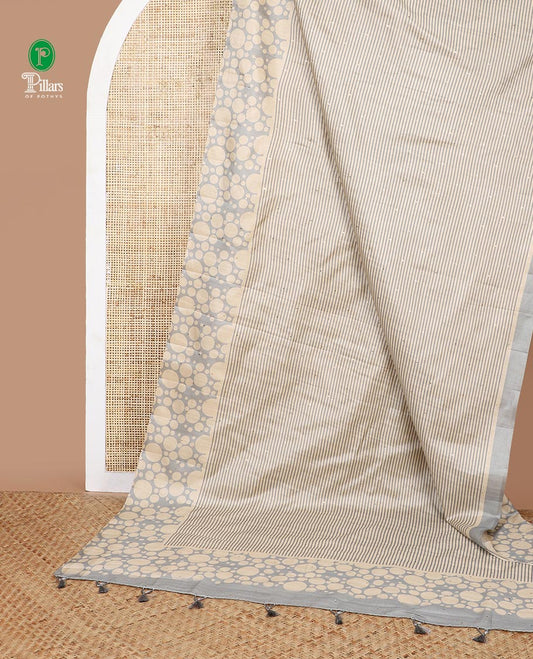 Chikku color with Grey stripes, block print fancy tussar silk saree with polka dot border & polka dot printed pallu along with printed blouse