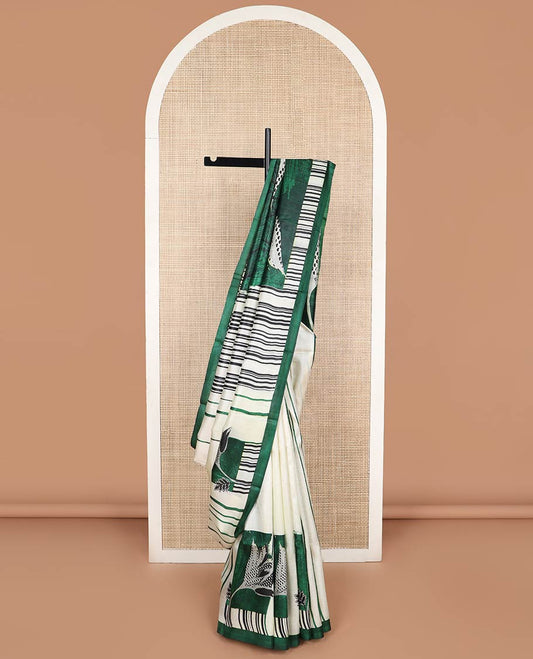 white striped printed silk saree with contrast border & floral design pallu