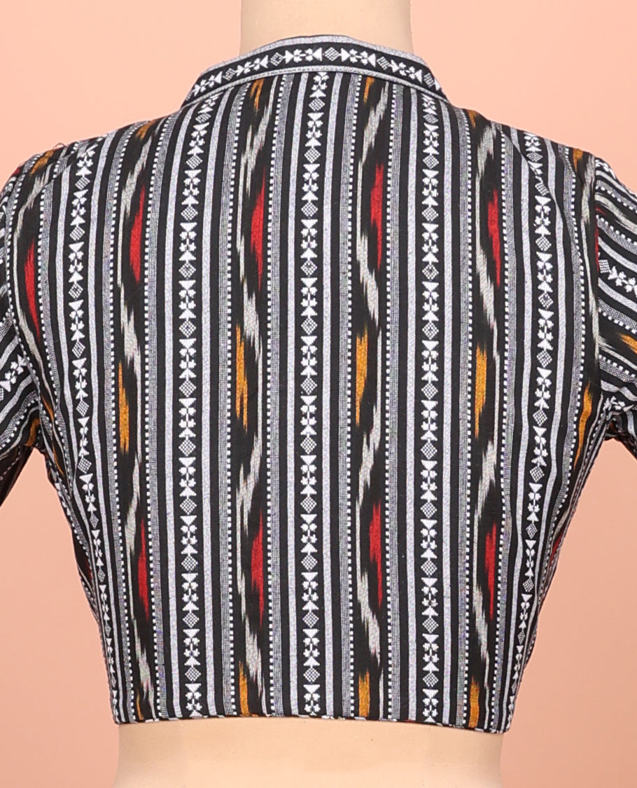 Black Readymade Blouse Featuring Geometric Patterns, a Front Leaf-Neck, Back Collared-Neck, and Elbow Sleeves