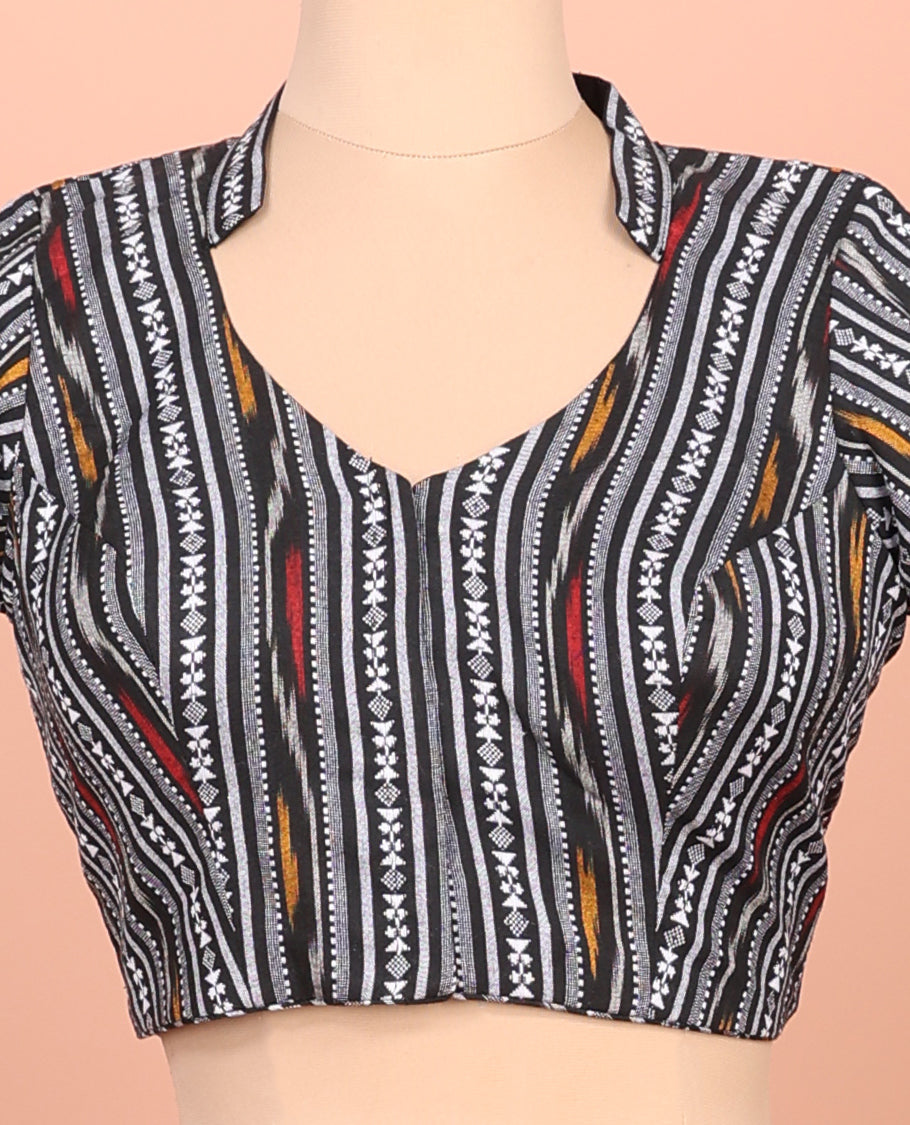 Black Readymade Blouse Featuring Geometric Patterns, a Front Leaf-Neck, Back Collared-Neck, and Elbow Sleeves