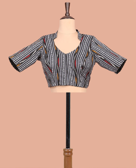 Black Readymade Blouse Featuring Geometric Patterns, a Front Leaf-Neck, Back Collared-Neck, and Elbow Sleeves