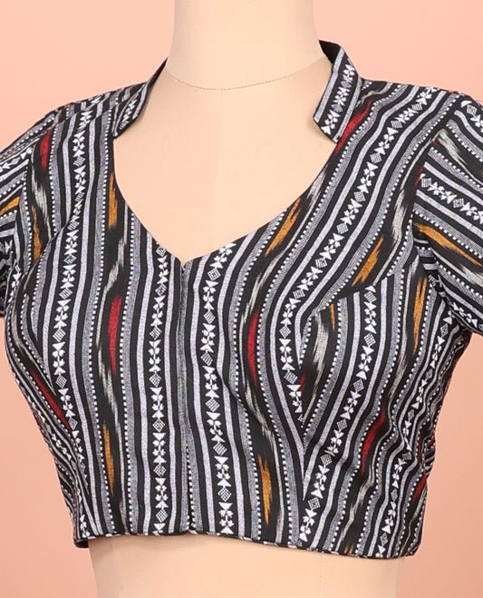 Black Readymade Blouse Featuring Geometric Patterns, a Front Leaf-Neck, Back Collared-Neck, and Elbow Sleeves