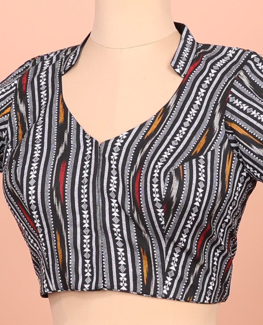 Black Readymade Blouse Featuring Geometric Patterns, a Front Leaf-Neck, Back Collared-Neck, and Elbow Sleeves