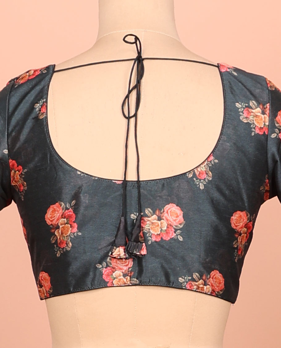 Black rose floral printed front-back round-neck elbow sleeve readymade blouse
