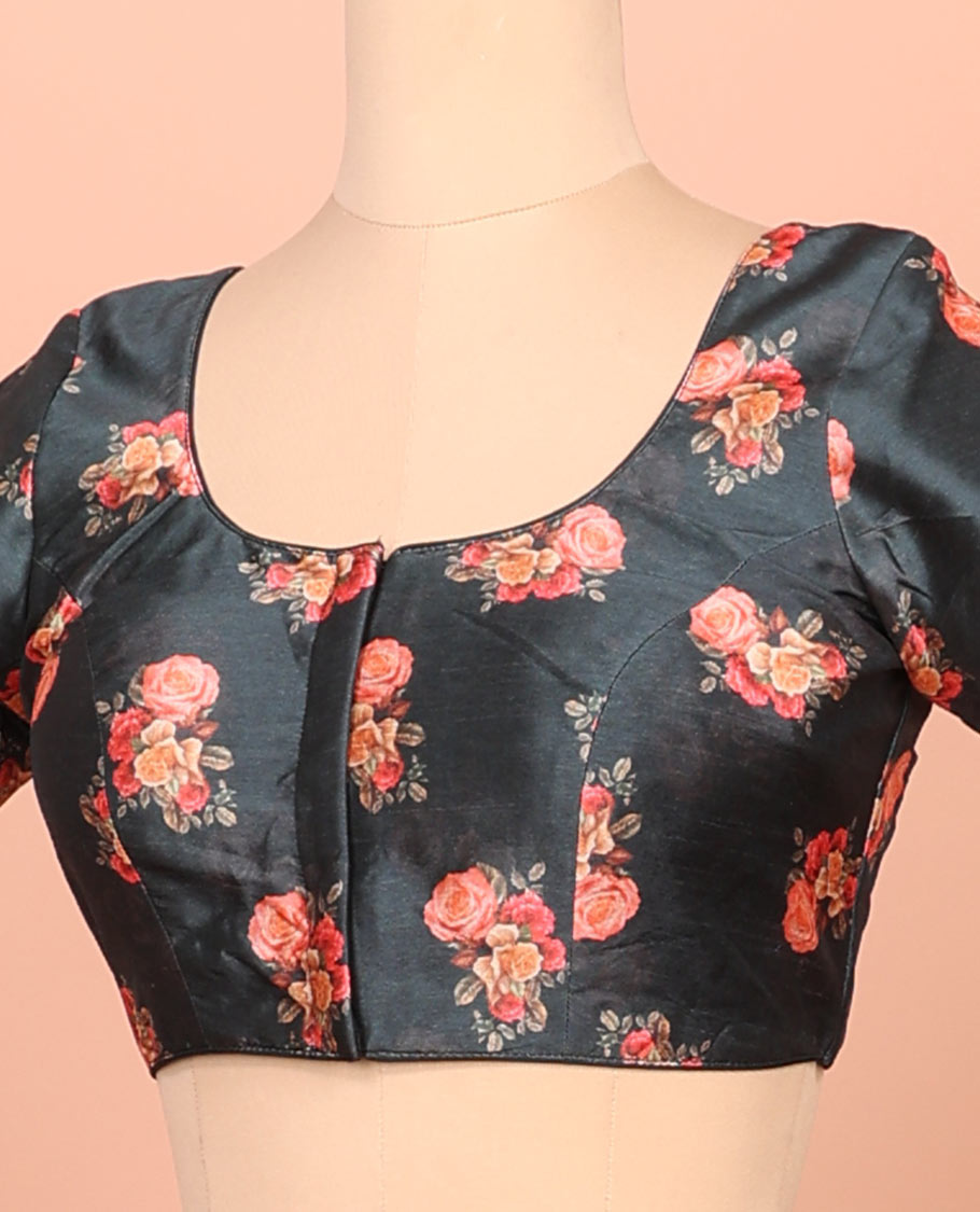 Black rose floral printed front-back round-neck elbow sleeve readymade blouse