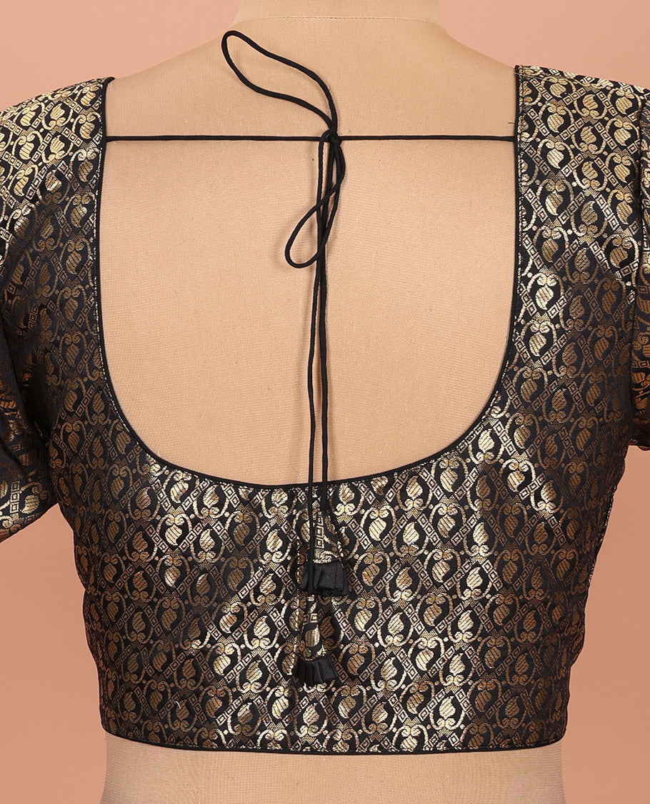 Black paisleys-theme jacquard front-back round neck elbow-sleeve readymade blouse