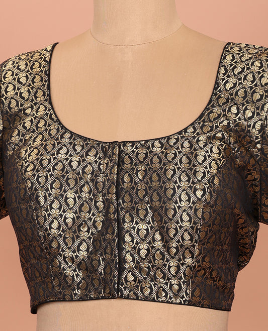 Black paisleys-theme jacquard front-back round neck elbow-sleeve readymade blouse