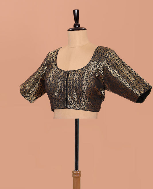 Black paisleys-theme jacquard front-back round neck elbow-sleeve readymade blouse