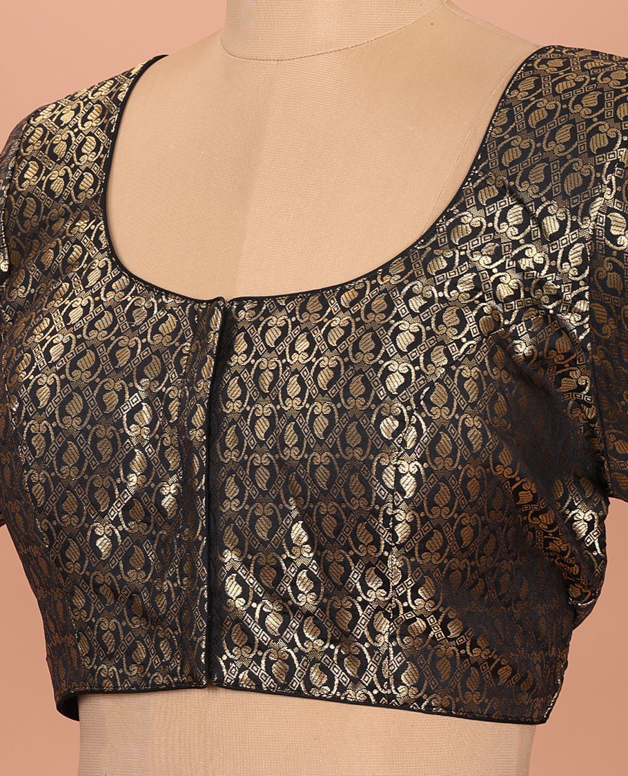 Black paisleys-theme jacquard front-back round neck elbow-sleeve readymade blouse