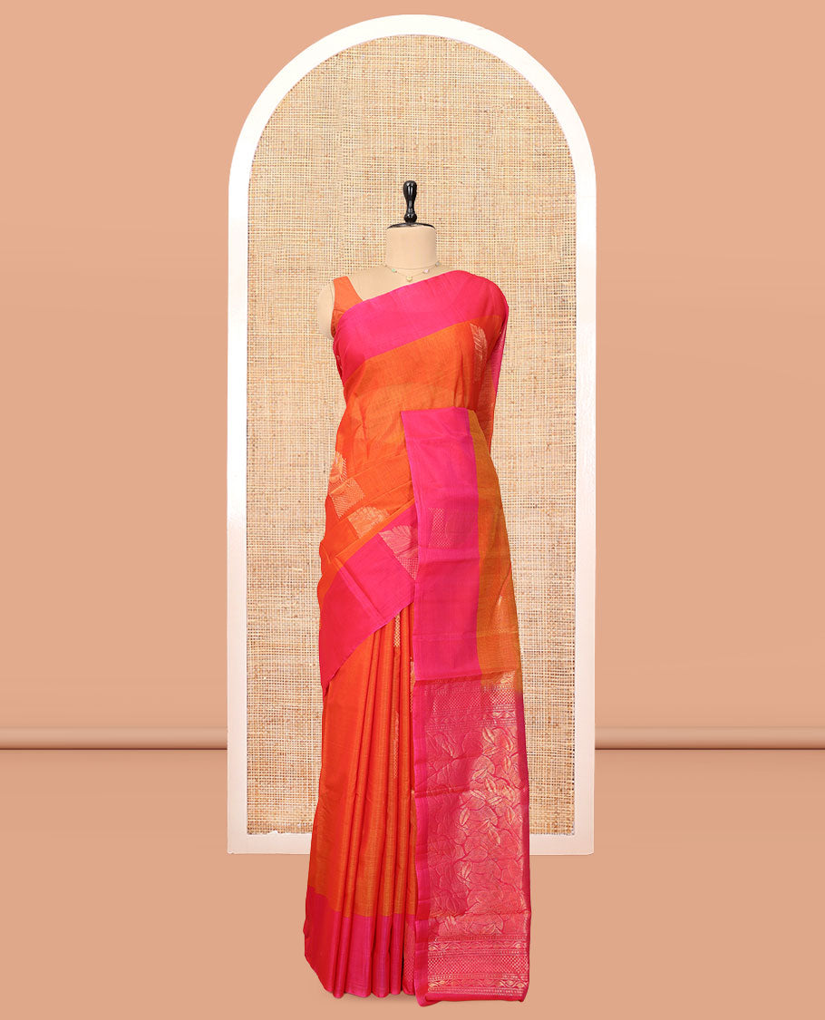 Orange Silk Cotton Saree, Prettified with Zari Buttas, Contrast Border, Intricate Pallu, and a Contrast Blouse