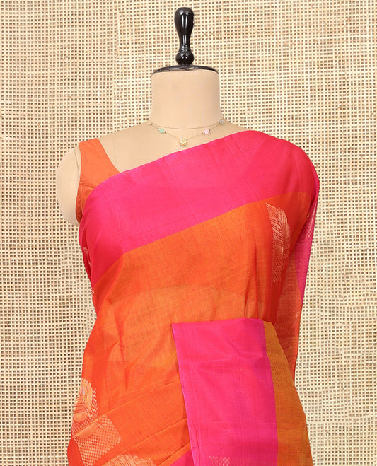 Orange Silk Cotton Saree, Prettified with Zari Buttas, Contrast Border, Intricate Pallu, and a Contrast Blouse