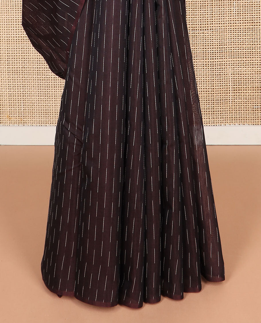 Borderless brown striped silk cotton saree with argyle design pallu