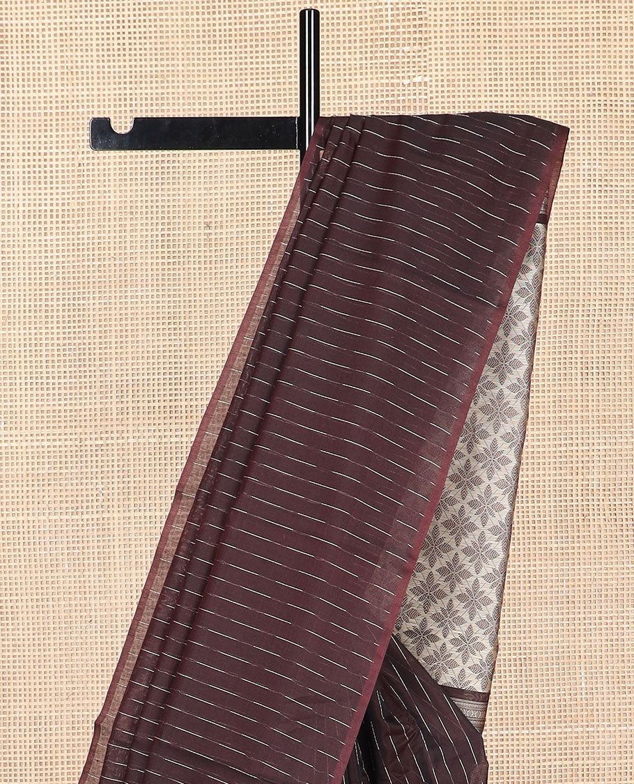 Borderless brown striped silk cotton saree with argyle design pallu