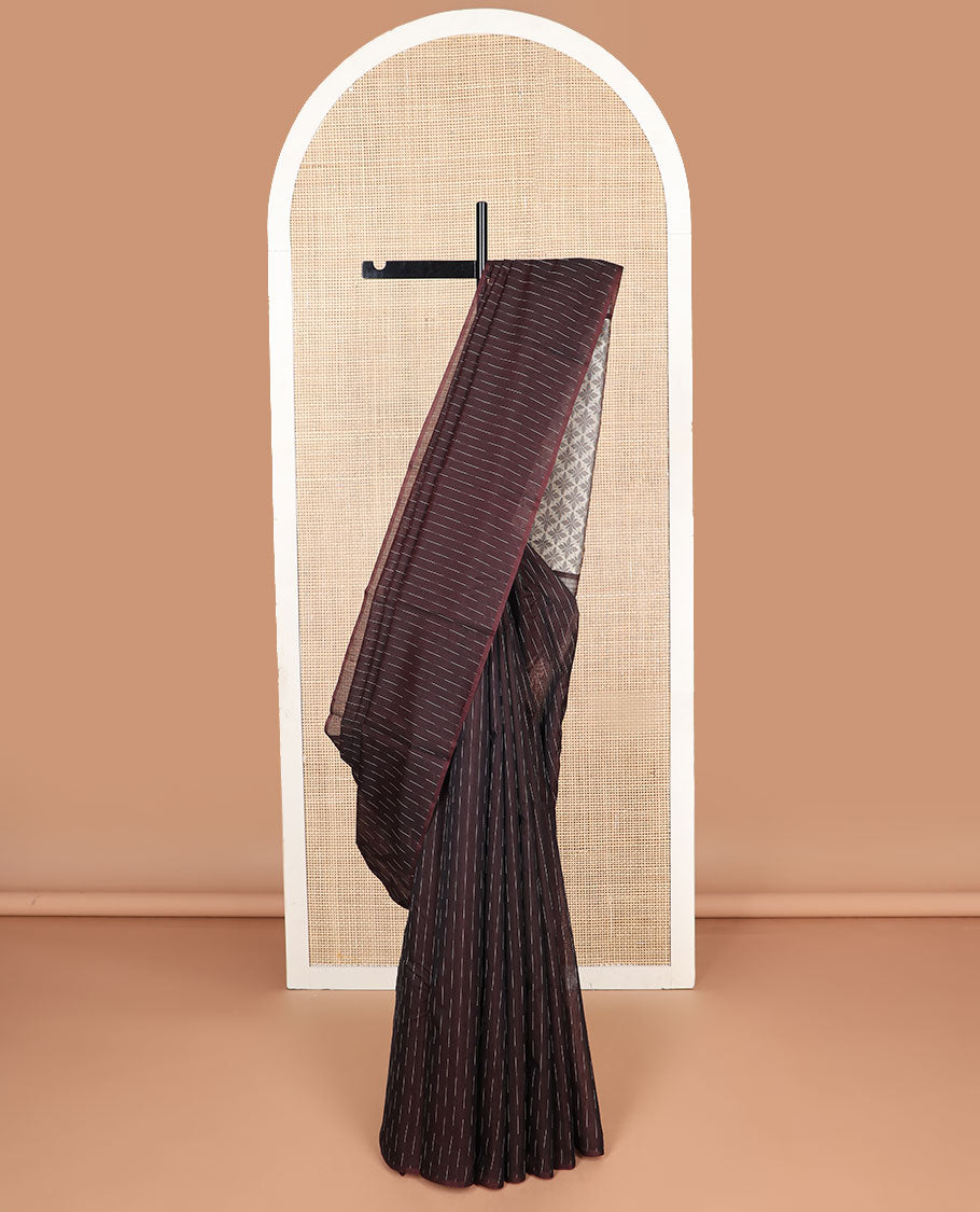 Borderless brown striped silk cotton saree with argyle design pallu
