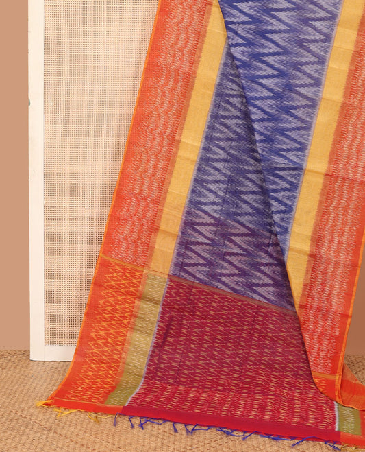 Blue ikkat chevron design silk cotton saree, contrast border of ikkat design, and pallu of ikkat jaal design