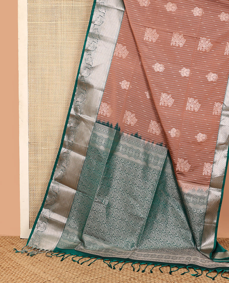 Brown zari buttas soft silk saree, contrast traditional zari design border, and intricate pallu