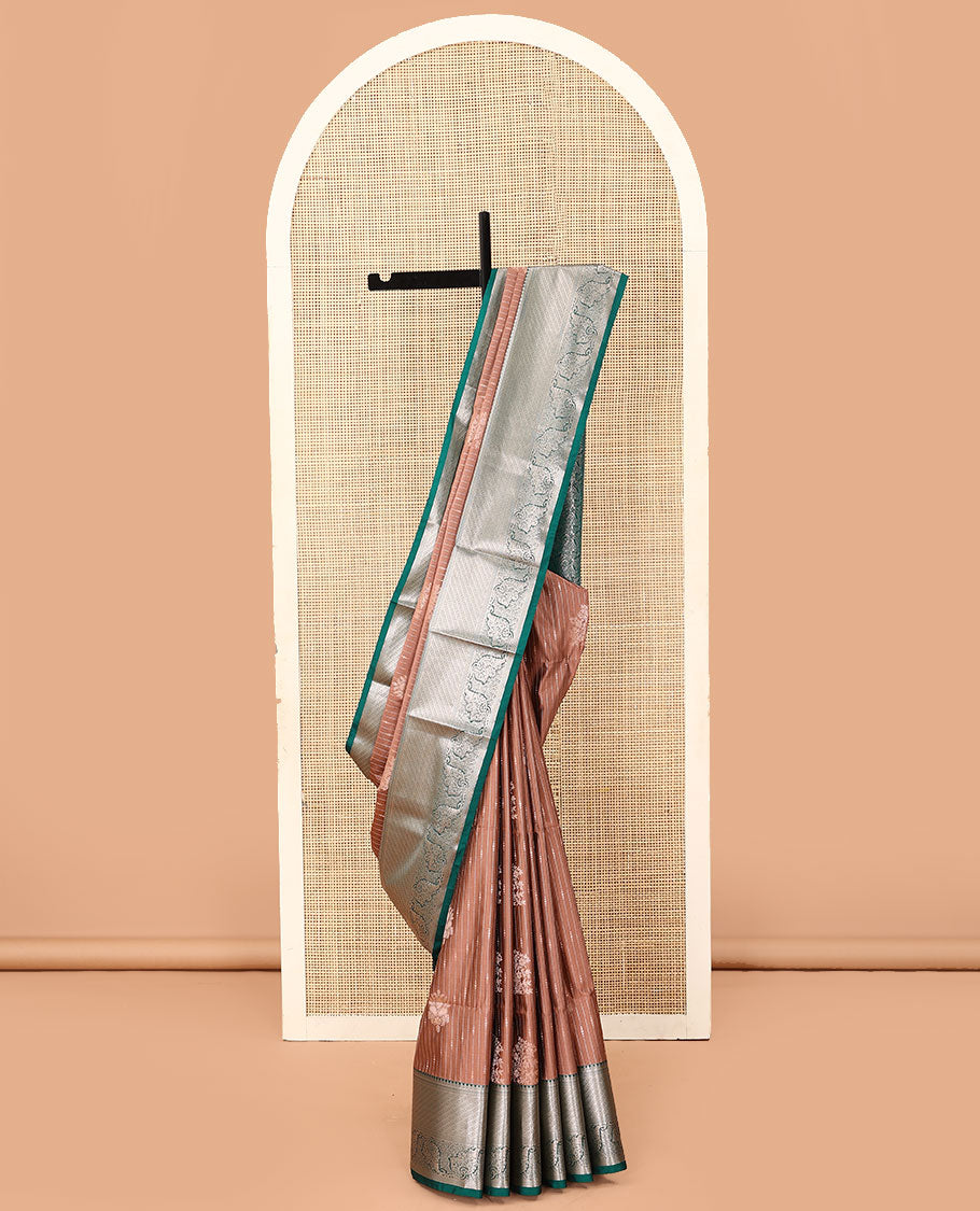 Brown zari buttas soft silk saree, contrast traditional zari design border, and intricate pallu