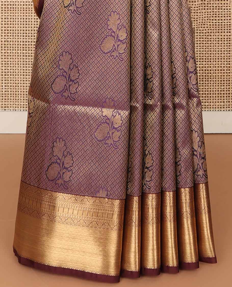 Violet checked, motifs soft silk saree with self zari design border & floral design pallu